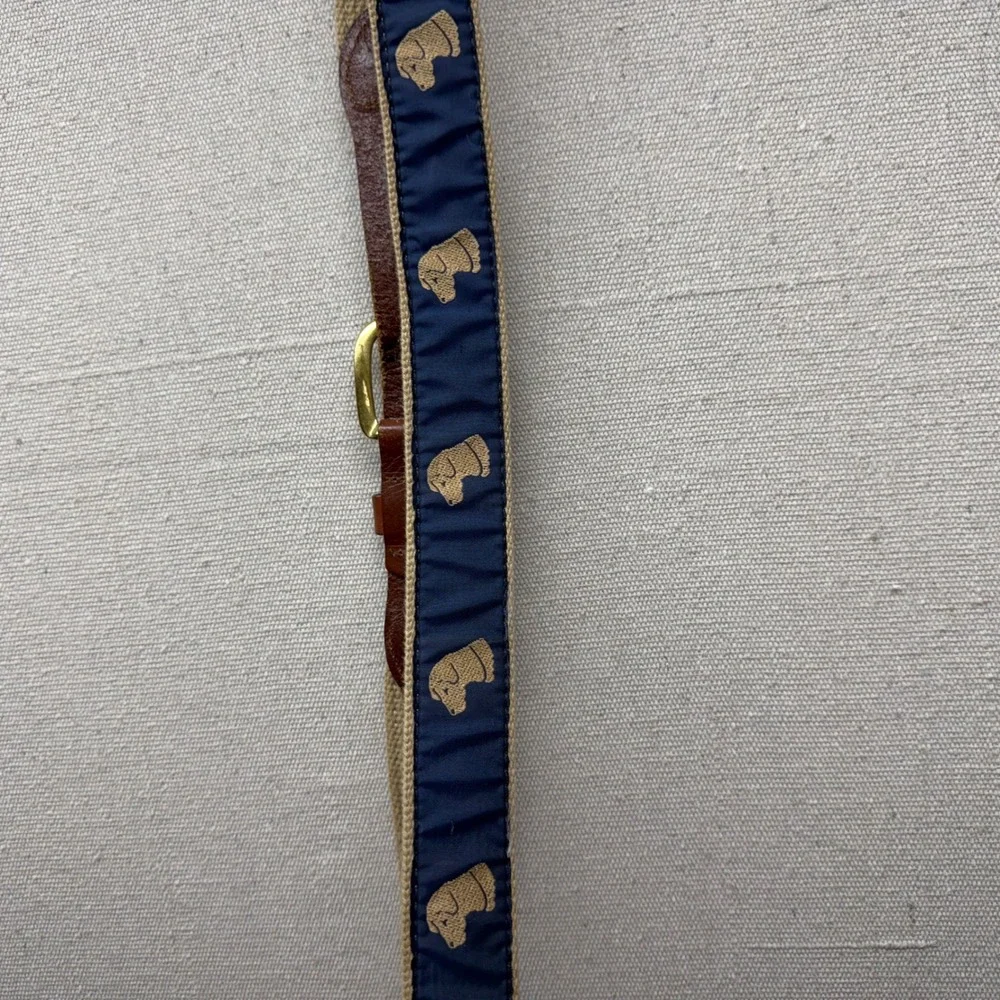 Vintage Surcingle Belt Navy Tan Canvas Leather Lab Dog Head Embroidery Size 42